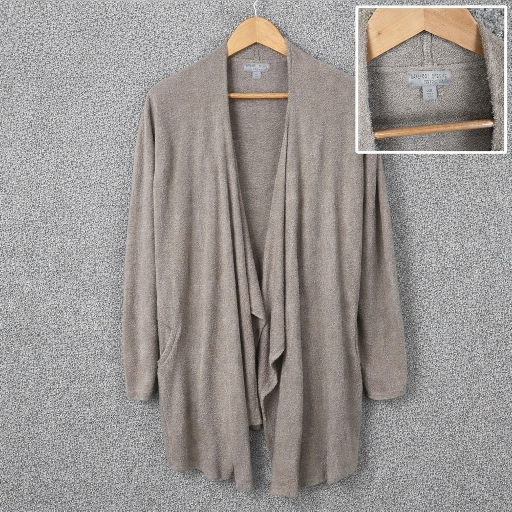 Barefoot Dreams CozyChic‎ Lite Island Wrap Cardigan Taupe Women L/XL Pockets